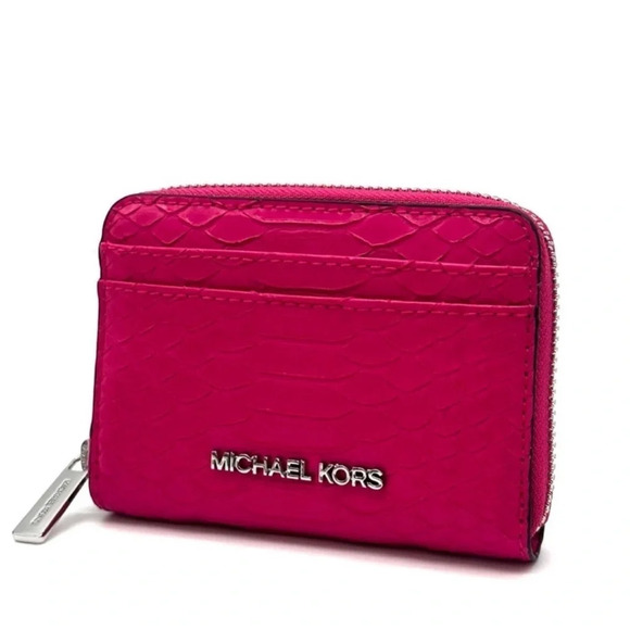 Michael Kors Medium ZA Card Case Wallet Snakeskin Electric Pink Multi - Picture 2 of 9